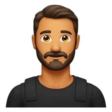 Shoulders to head man emoji with dark brown hair and beard with mustache brown eyes wearing black shirt on bright orange background sticker