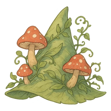 a leafy fairy hat with mushrooms and vines, ghibli-inspired style sticker
