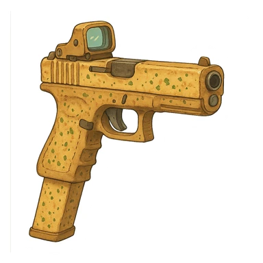 A glock with an extended magazine and holo sight, except it’s garlic bread  sticker
