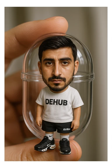 Create a highly detailed, all-glass gashapon capsule held between two fingers. Inside the capsule is a miniature chibi version of the person in the reference photo, with a photorealistic face matching the reference image, life-size chibi style. The chibi wears a white T-shirt with 'DEHUB', black 'Air Max' shorts, Air Max TN shoes, and white Nike socks. Emphasize the realism of the capsule and the collectible charm of the chibi figure inside, blending photorealism for the face and detailed chibi style for the figure and capsule. sticker
