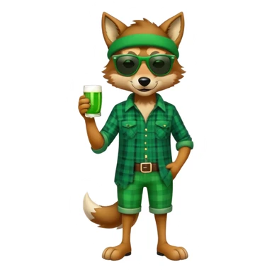 full-body friendly anthropomorphised wolf in green plaid shirt and green attire for St. Patrick's Day, wearing dark sunglasses, festive pose sticker
