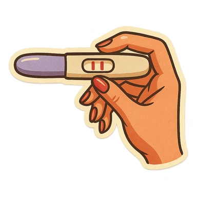 Positive pregnancy test with two lines, held in a neat feminine hand with manicure, pen style as in the second previous variant, retro stickers style, test slightly shorter, soft rounded shapes, expressive contours, vintage color palette, light paper texture, shadows and highlights, transparent background. sticker