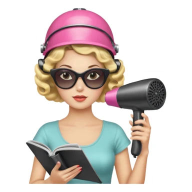 Emoji de mujer con casco secador, gafas de sol, rulos y leyendo revista, estilo vintage chic sticker
