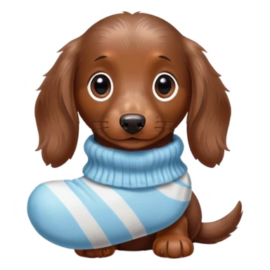miniature long haired chocolate dapple dachshund puppy holding a sock sticker
