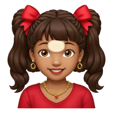 Brownskin girl dark brown hair fluffy. pigtails with red bows brown eyes smiling closed mouth red shirt gold esrrings gold necklace sticker