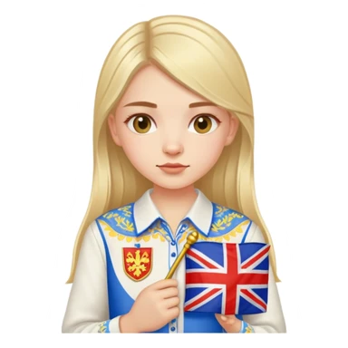 A Ukrainian girl wearing an embroidered shirt holds a British flag sticker