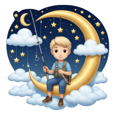 A dreamy night sky with a crescent moon. A boy sits on the moon holding a fishing rod, surrounded by soft clouds and stars. Magical and peaceful atmosphere. sticker