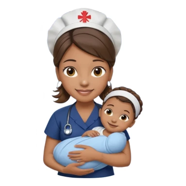Female nurse smiling wearing no hat with her hair tied up in a roll on the top front of head with medium brown skin and brown eyes holding one new born with navy blue short sleeves sticker