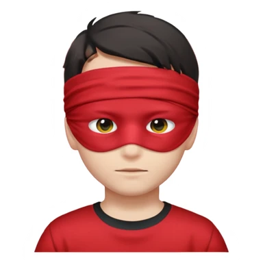 boy wearing red cloth over only eyes boy wears black t-shirt sticker