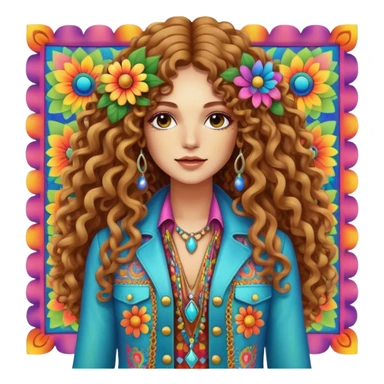 Create a 3D ultra detailed psychedelic colored square hippie style flower border with a gorgeous hippie in the center with long curly hair, bell bottoms, and a fringed jacket sticker