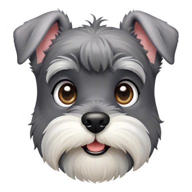 Cinematic Cute Miniature Schnauzer Portrait Emoji, Head cheerfully cocked with expressive, twinkling eyes and a neatly trimmed, adorable salt-and-pepper fur, simplified yet endearingly detailed, glowing with a bright, friendly radiance, high shine, exuding smart and spunky charm, styled with a delicate, whimsical outline, capturing the essence of a cute Miniature Schnauzer that appears ready to scamper off the screen with delightful energy! sticker