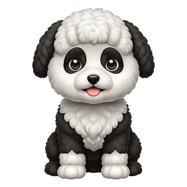 Petit chien style emoji (bichon frisé), poil bouclé noir/gris, ventre et bout des pattes blancs, yeux marron foncé brillants, assis avec la langue sortie, expression adorable. sticker