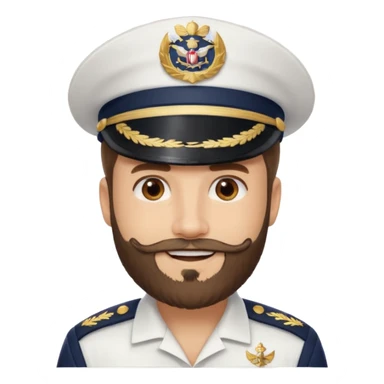 A light-skinned man with brown eyes and a beard, smiling while wearing a white captain’s hat with a navy emblem. sticker