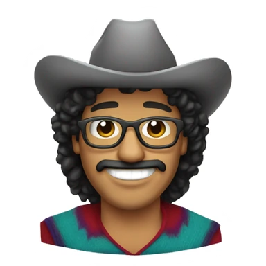 A heavier mexican man, with a curly black mullet, with a smile that shows his teeth grills wearing a cowboy hat and circular glasses and a poncho sticker