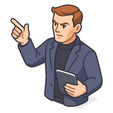 Bold and charismatic male leader, Caucasian, short auburn hair, sharp eyes, wearing indigo coat over black turtleneck, one arm raised giving direction, holding a tablet, waist-up sticker