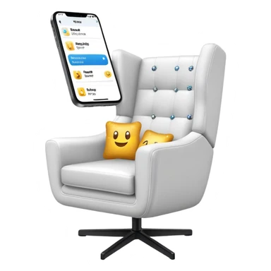 smartphone at an angle in foreground showing armchair product page on screen, with sparkle emoji sticking out on the left side sticker