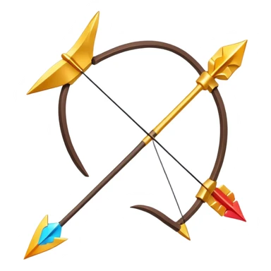 Clash of Clans aesthetic: Cinematic Playful Pixel 3D isometric  Bow & Arrow Emoji, rendered in a 3D vector-style similar to standard emojis with minimal shading and bold, simplified shapes. A compact, distinct form with signature details, softly glowing with a pixelated adventure charm. Simplified yet unmistakably iconic, highly detailed and consistent, glowing with a soft radiance and high shine. Stylized with a touch of classic pixel-art charm and a soft glowing outline, capturing the essence of a beloved gaming relic with a friendly, playful manner! sticker