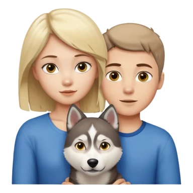 ragazza bionda occhi gialli capelli lisci biondo che abbraccia un husky occhi azzurri e un ragazzo bruno capelli corti e rasati occhi castani sticker