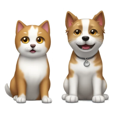 a white Spitz dog and a brown tabby cat. the dog barks and the cat sits on the left with a sad face sticker