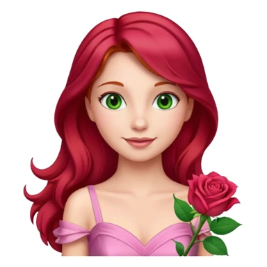 Aurora princess, classic fairytale style, red hair, pink gown, gentle smile, green amber eyes, holding a rose, emoji style sticker