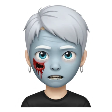 Create a 3D emoji-style avatar with very pale blue-grey zombie skin like the reference image, a young Asian face, and large eyes with white blood tears. Give it white mullet-style hair, silver hoop earrings, and a simple black T-shirt. The expression should be neutral or slightly angry sticker