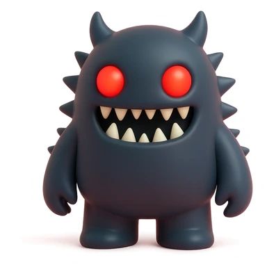 scary monster with sharp teeth, glowing red eyes, spiky body, dark color palette, toy-like vinyl figure style sticker