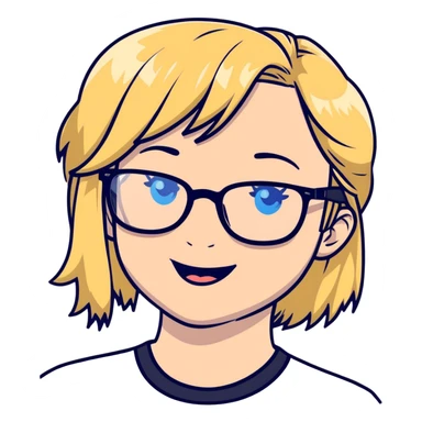 blonde girl with blue eyes, black glasses, giggling  sticker