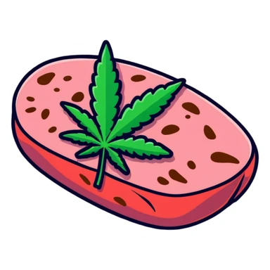 Pink wagyu steak with cannabis leaf decoration sticker
