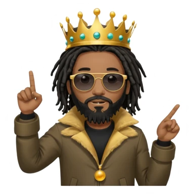 African American man with shoulder length black dreadlocks with black beard wearing black sunglasses wearing Crown on his head wearing a black bubble mens winter coat pointing to himself sticker
