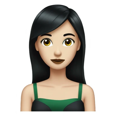 pale woman, straight black hair, wearing dark night dress, eyes are green sticker