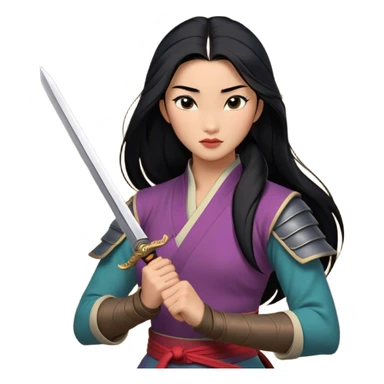 Cinematic Realistic Mulan Portrait, depicted with lifelike skin texture, soft natural lighting, and intricately detailed long black hair styled elegantly. Her deep, expressive eyes exude determination and grace, complemented by a serene yet confident expression. She stands with one hand resting on the hilt of her sword, the other by her side, exuding strength and poise. She is dressed in her classic attire, with rich fabric textures and delicate folds that catch the light beautifully. The portrait features a soft, enchanting glow with a natural, radiant finish, capturing the essence of timeless strength and beauty in a realistic and painterly style, evoking a sense of depth and authenticity. sticker