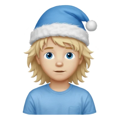 create boy blonde hair long messy, light eyes, white t shirt, rich, long hair, eyes blue, acessory head cristimas blue hat, long hair, fluffy hair sticker