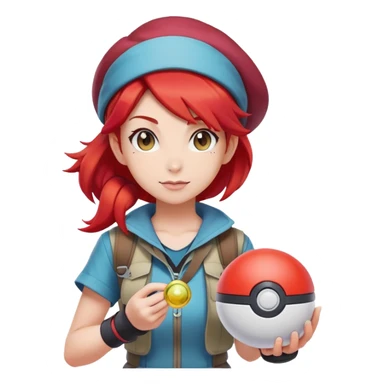 female pokemon trainer with bright red hair, pokeball, adventure outfit sticker
