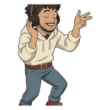 1 male, mid fade haircut dark chestnut brown curly hair, toasted lightskin, white hoodie sleeves up, fashion jeans, red fashion-sneakers shoes, red belt, short trimmed beard and goatee,  style of deku from "my hero academia", headphones on jammin', twtich emote sticker