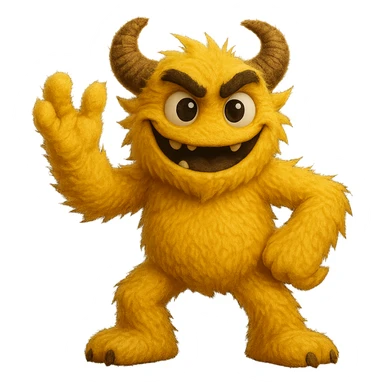 Make this yellow athletic mascot look more grown up and cooler, less like a person and more like a monster, keep the soft fuzzy texture and big eyes, in a playful pose, with no background. Maintain the yellow color and soft fuzzy texture with big eyes, emphasizing a monster-like playful character. sticker