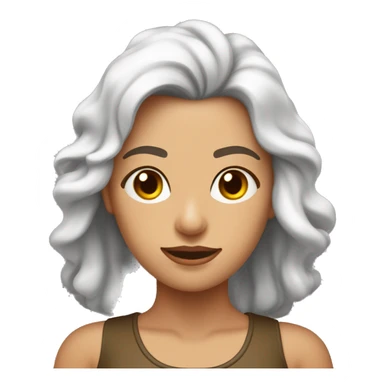 Mujer de piel blanca con pelo a la altura de los hombros , su pelo color marrón oscuro con puntas rubias. De ojos marrones y con remera sticker