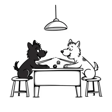 coloring page in Bobbie Goods style: two dogs playing pool in a bar, thick black lines, no color fill, ready to color sticker