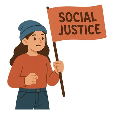 flat toon style girl with blue beanie holding a protest flag for social justice sticker
