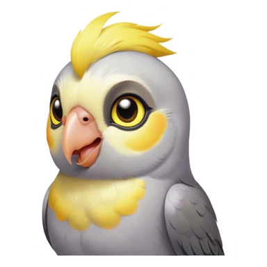 Cinematic Cute Cockatiel Portrait Emoji, Head tilted playfully and inquisitively, featuring a smooth grey fur with bright yellow accents and a perky crest, round, sparkling dark eyes filled with curiosity, Simplified yet irresistibly adorable features, highly detailed, glowing with a warm, friendly glow, high shine, affectionate and lively, stylized with a touch of whimsy, bright and endearing, soft glowing outline, capturing the essence of a mischievous yet loving cockatiel, so playful it feels like it could chirp out of the screen and into your arms! sticker