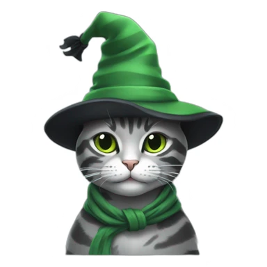 Grey stripped cat with green coat and black Witch hat sticker