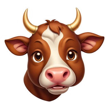 Cinematic Cute Domestic Bull Portrait Emoji, Head tilted playfully and inquisitively, with a sturdy, compact build and a smooth, polished coat of rich copper and brown hues accentuated by gently curved horns, round, sparkling eyes full of curious determination, Simplified yet irresistibly adorable features, highly detailed, glowing with a warm, friendly glow, high shine, affectionate and spirited, stylized with a touch of rustic charm, soft glowing outline, capturing the essence of a mischievous yet loving domestic bull that feels like it could trot out of the screen and into your arms! sticker