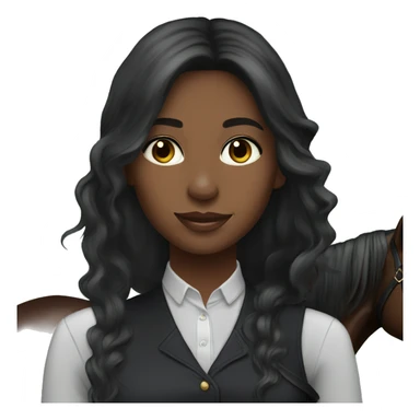 Pretty black equestrian woman long hair holding black stallion reins hazel eyes sticker