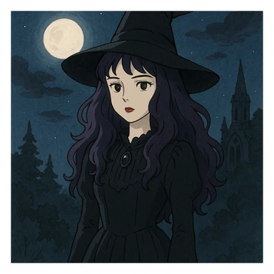 gothic woman with purple hair, witchy touch, standing in moonlight, ghibli style sticker