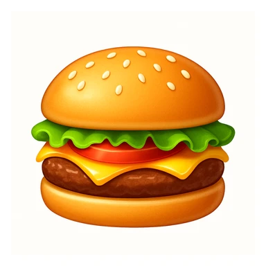 A classic single patty hamburger emoji,, glossy and colorful. Soft rounded bun with sesame seeds, one beef patty, fresh lettuce, ONE tomato slice, melted cheese, realistic but cartoonish look, clean white background sticker
