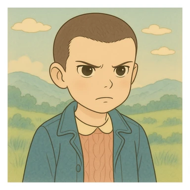 Create a version of Eleven with shaved hair, serious expression, simple and delicate line art as in the reference drawing, colored in pastel tones, with medium and dark outlines. Style: Ghibli. Format 1:1. sticker