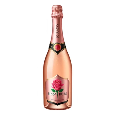 bottle of sparkling rosé champagne with a rose logo on the label, tilted up and to the right, no glass sticker