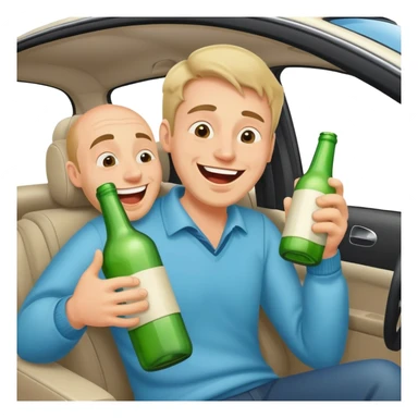 a drunk man holding a bottle fooling around laughing in a car sticker