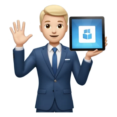 A stylized 3D emoji icon of a charismatic young male presenter on a stage, holding a tablet and gesturing enthusiastically towards a large screen behind him. The screen displays a glowing, futuristic Microsoft logo (the four squares) sticker