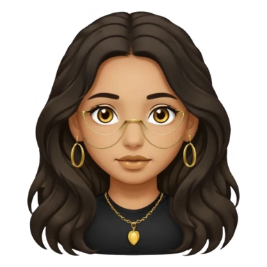 Girl with olive skin, very dark brown eyes and dark wavy long hair. wearing black shirt and gold nose ring sticker