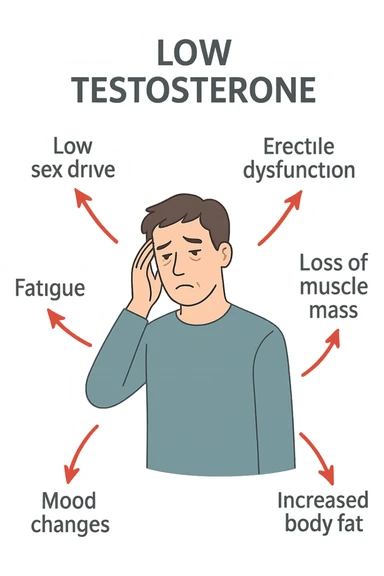  un uomo con espressione affaticata, circondato da frecce rosse che evidenziano sintomi di testosterone basso. frecce rosse sticker